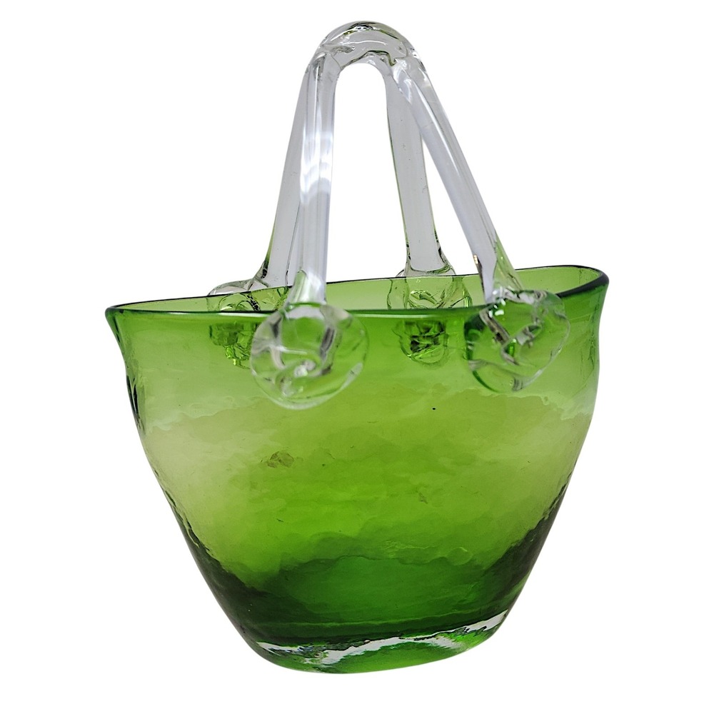 Vtg Art Glass Purse Vase 7" Green Mouth Hand Blown Basket Decor Murano Style MCM